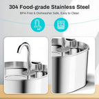 A stainless steel sink faucet and matching drain assembly shown on a clean white background with marketing text reading '304 Food-grade Stainless Steel' and 'BPA Free & Dishwasher Safe, Easy to Clean.' Two inset photos demonstrate the faucet installed in a sink and the drain component close-up.