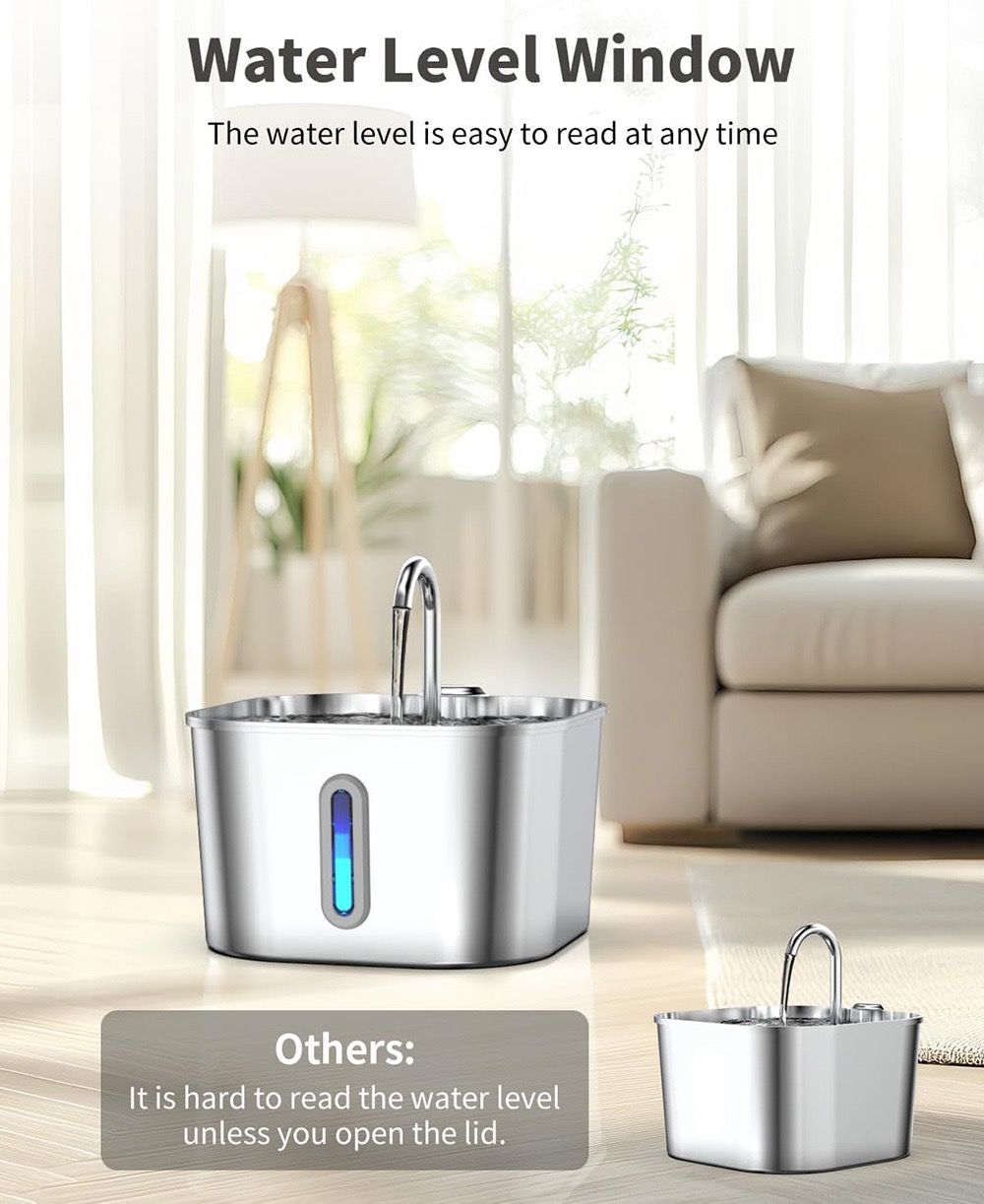 Stainless steel water container with water level window in a living room setting