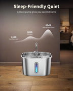 A stainless steel automatic pet water fountain with a water level window and faucet, shown in a bedroom setting with text overlays highlighting its quiet operation.