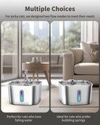 Two pet water fountains with a living room background, designed for cats with different preferences.