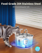 Cat drinking water from a stainless steel pet fountain with 'Food-Grade 304 Stainless Steel' text.