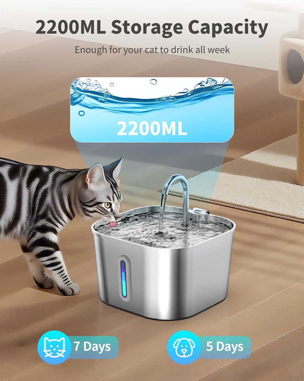 Cat drinking from a large pet water fountain with 2200ML storage capacity on a wooden floor.