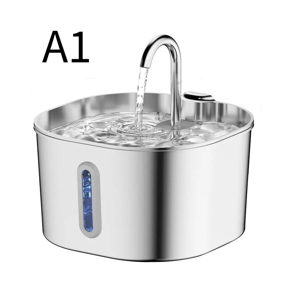 A stainless steel automatic water fountain with a curved faucet spraying water into a basin, shown on a white background with the text 'A1' in the top left corner.