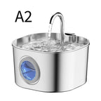 A2 stainless steel automatic outdoor water fountain with a curved faucet, water stream, and a blue crystal accent on the side, shown on a white background.