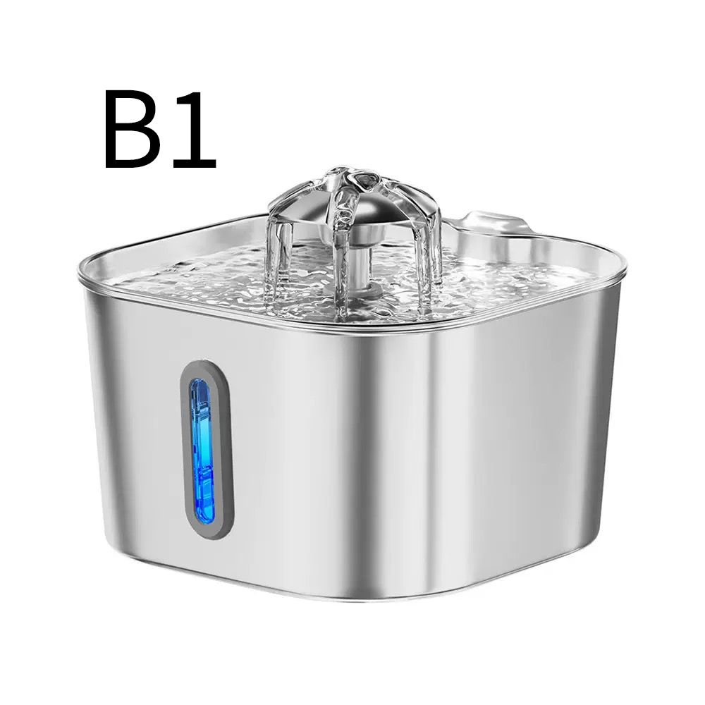 A stainless steel pet fountain with a water spout, shown on a white background with a black 'B1' text overlay in the top left corner.