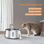 Cat drinking water from a stainless steel pet fountain with text highlighting material properties.