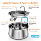 Stainless steel water purifier with labeled components on a white background