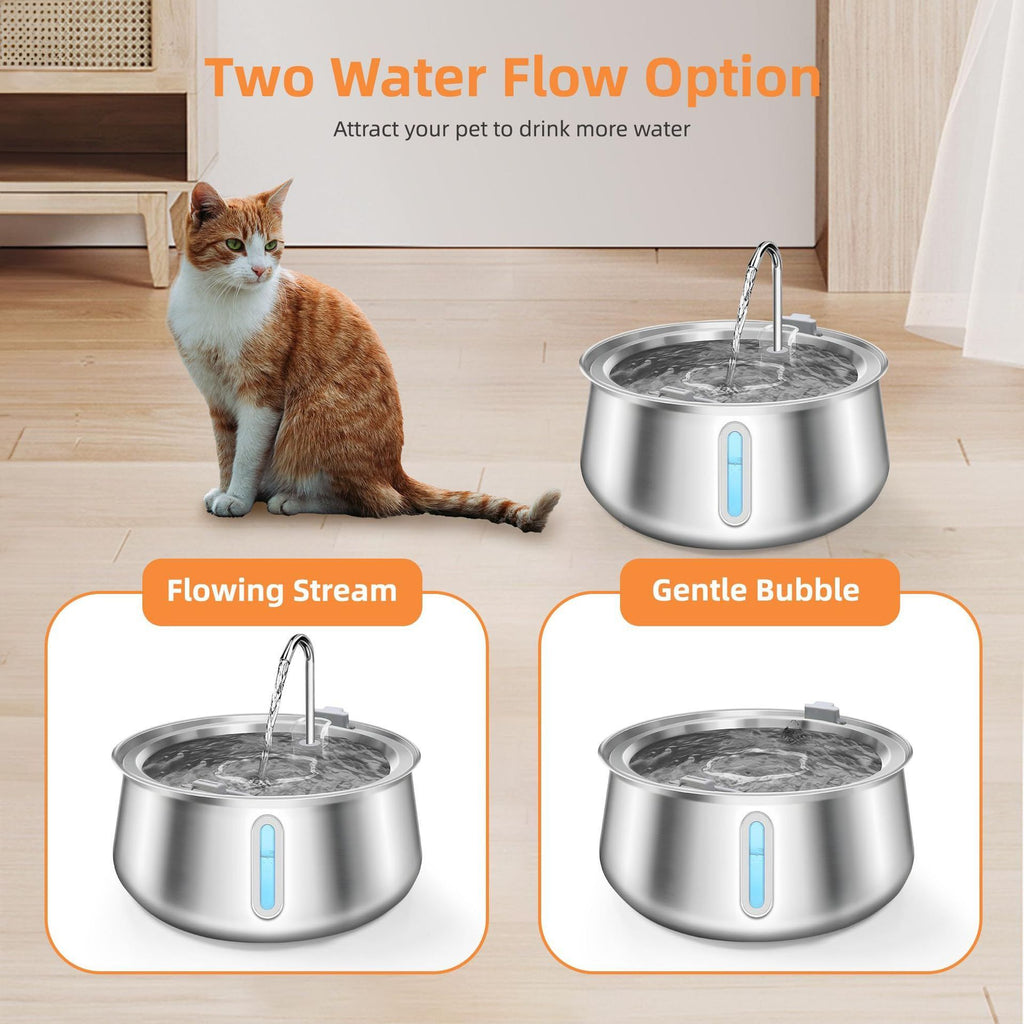 A cat sits on a light wood floor beside a stainless steel pet water fountain with water flowing, plus two inset callouts showing 'Flowing Stream' and 'Gentle Bubble' modes. Text at the top reads 'Two Water Flow Option' and 'Attract your pet to drink more water.