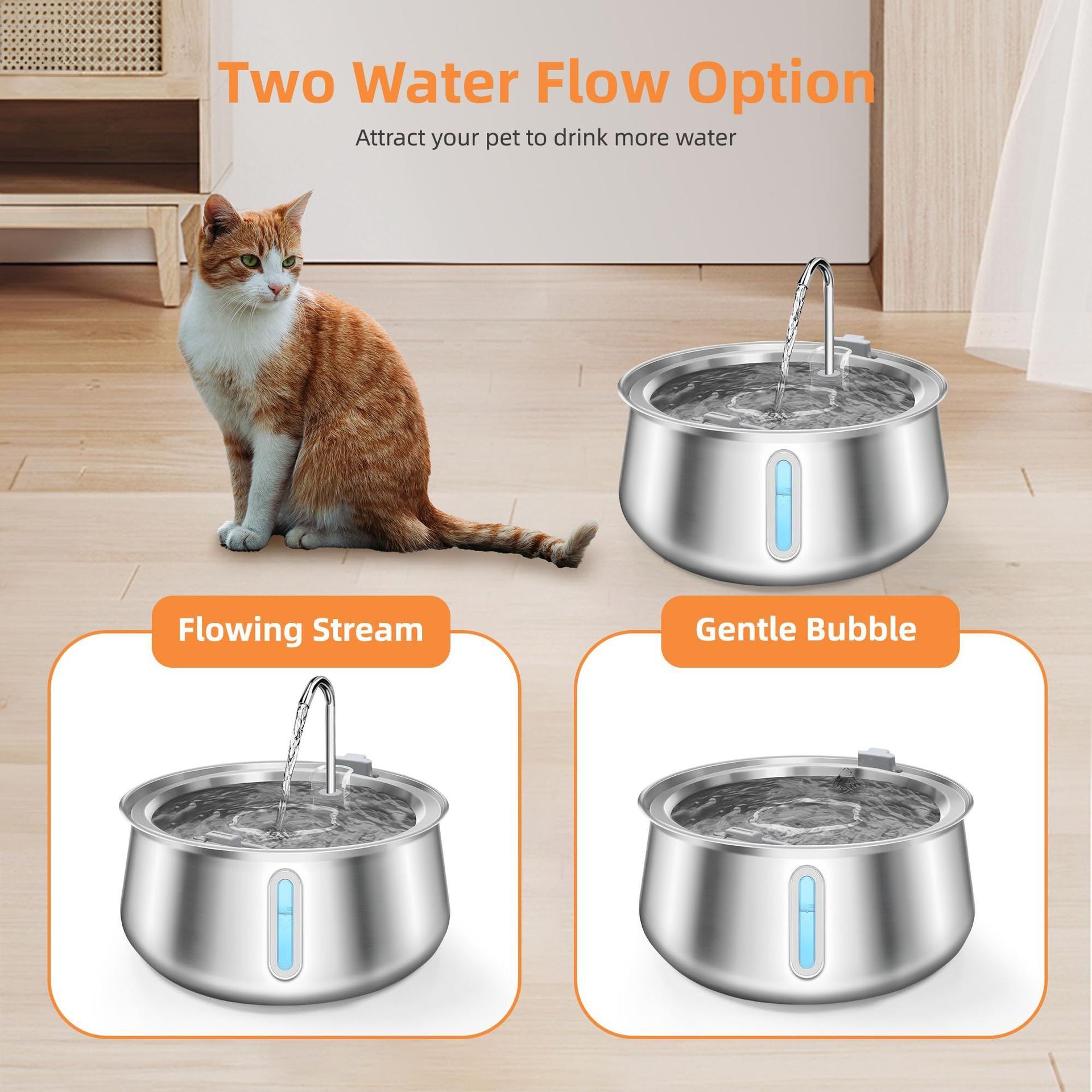 A cat sits on a light wood floor beside a stainless steel pet water fountain with water flowing, plus two inset callouts showing 'Flowing Stream' and 'Gentle Bubble' modes. Text at the top reads 'Two Water Flow Option' and 'Attract your pet to drink more water.