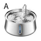 A stainless steel pet water fountain with a curved metal faucet pouring water into a bowl, shown on a white background with a black letter 'A' in the top left.