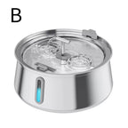 A stainless steel pet water fountain bowl with a clear glass lid, dual water jets, and a blue LED indicator light on the side, shown on a white background with a black letter 'B' in the top left.

Details