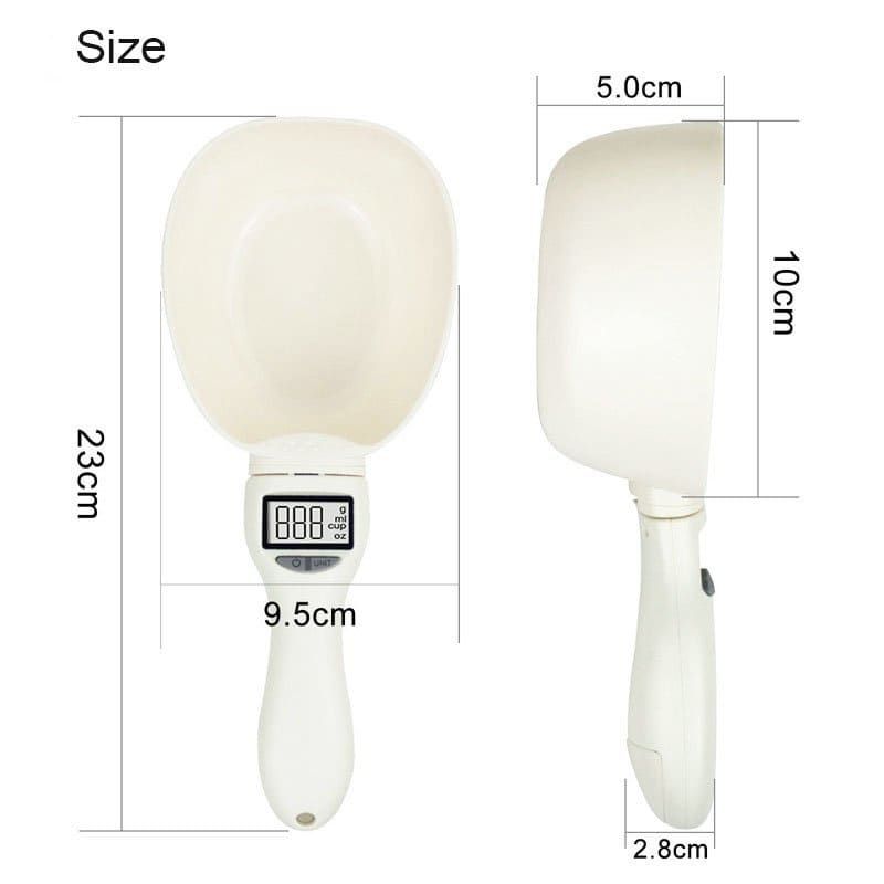 A digital measuring scoop shown from two angles with overlaid dimensions: front view labeled 23 cm tall, 9.5 cm wide, and 5.