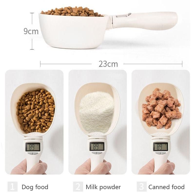 Measurement scoop with digital display for measuring dog food, milk powder, and canned food.