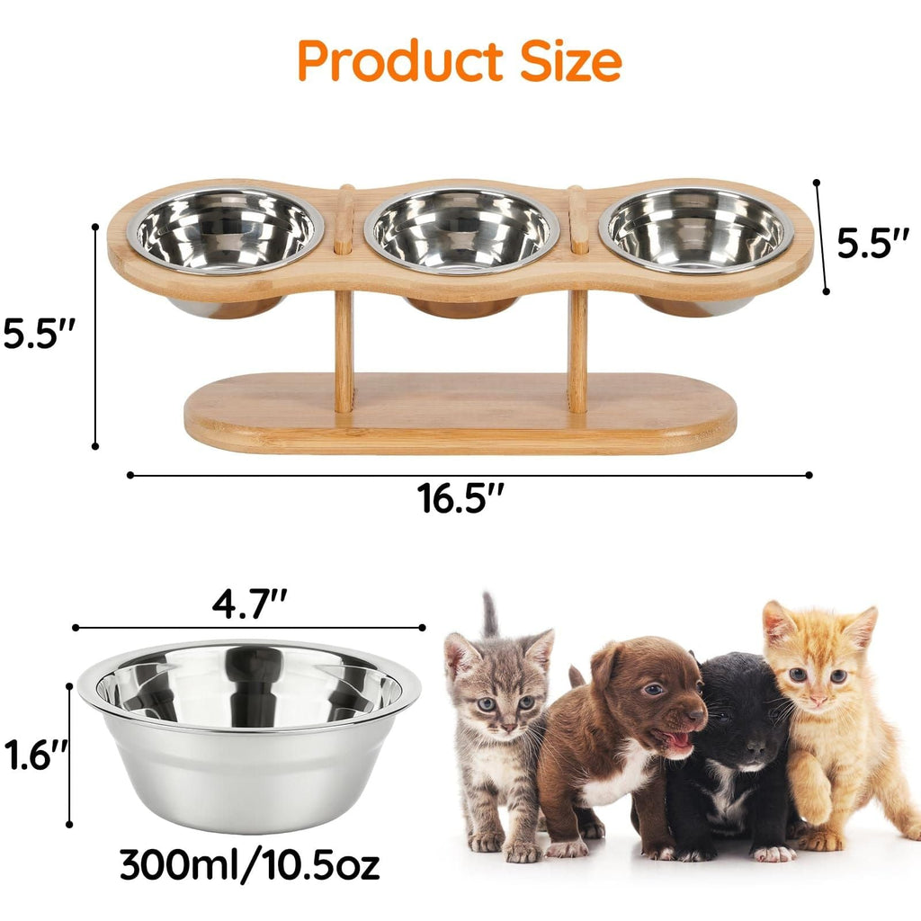 Three-bowl pet feeder and waterer elevated on a wooden base, shown with dimension labels and small kitten and puppy photos. The top section reads 'Product Size' with measurements for the full feeder (16.