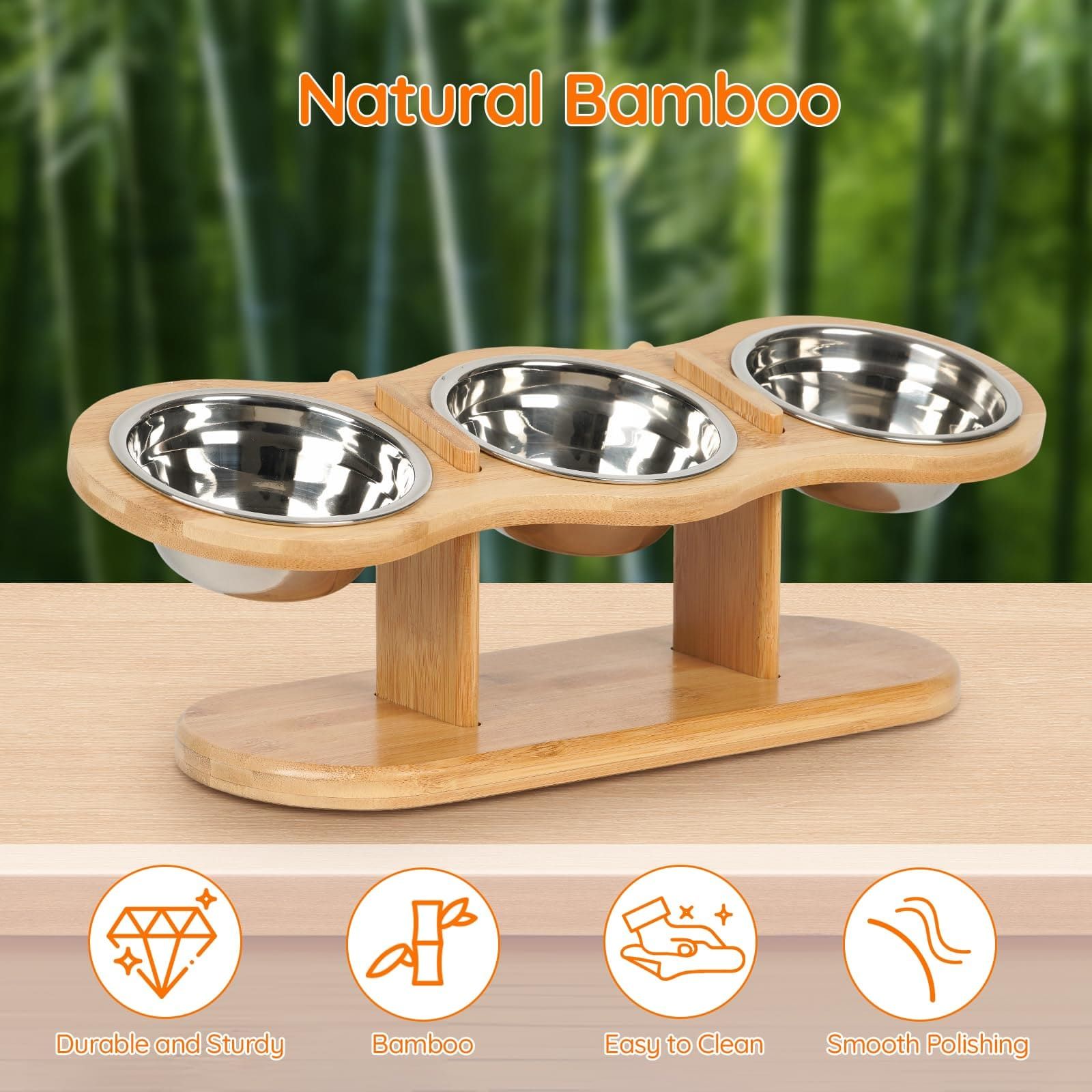Wooden pet feeder with three stainless steel bowls on a wooden surface, bamboo background.