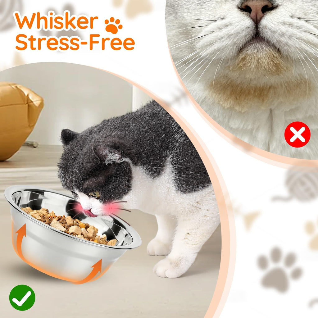A cat eating from a stainless steel bowl in a home setting, with promotional text reading 'Whisker Stress-Free' and a close-up inset of a cat's face with a red X over it.