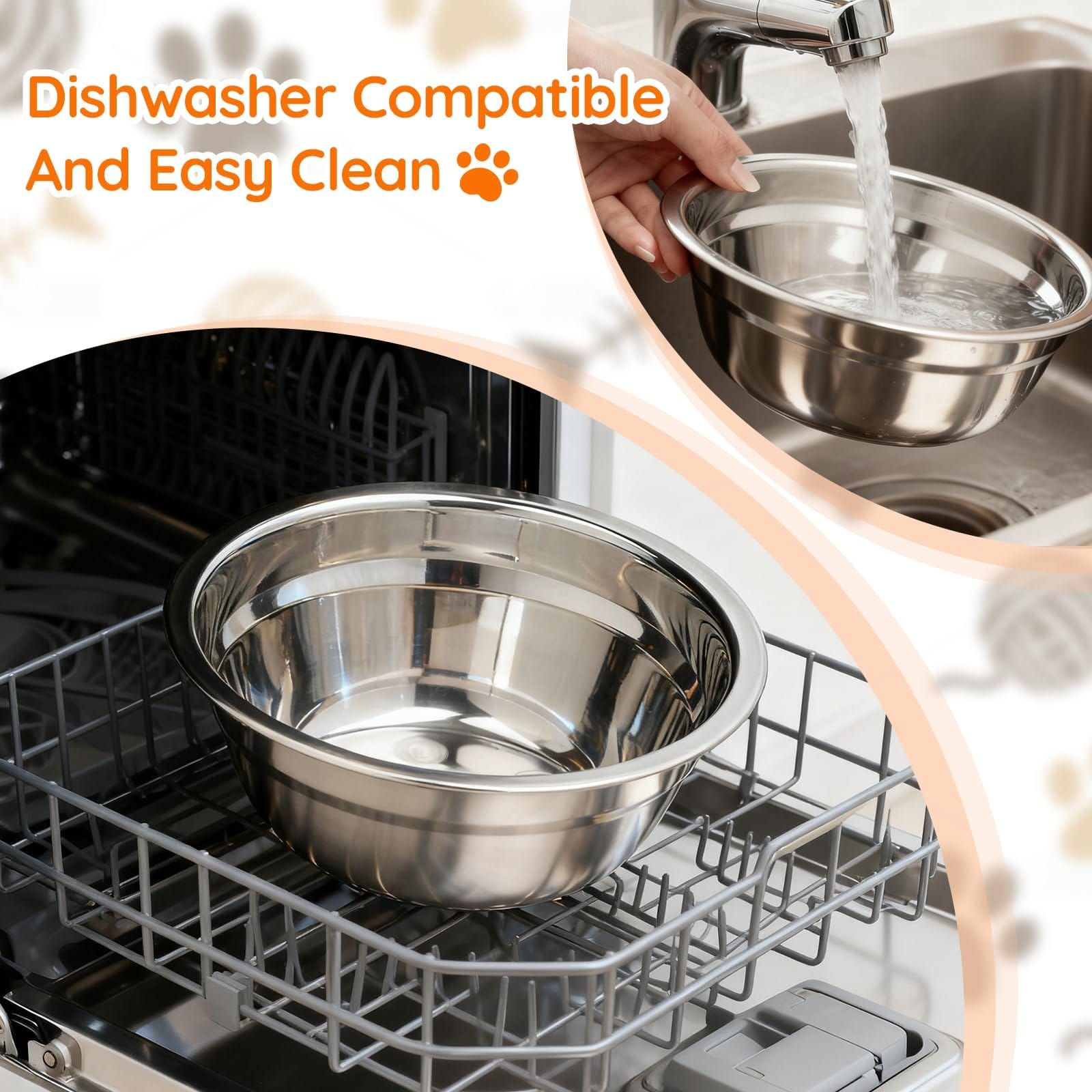Stainless steel bowl being washed in a dishwasher with text 'Dishwasher Compatible And Easy Clean'.