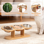 Pet feeding station with three bowls on a wooden stand, featuring bamboo and adjustable height features.