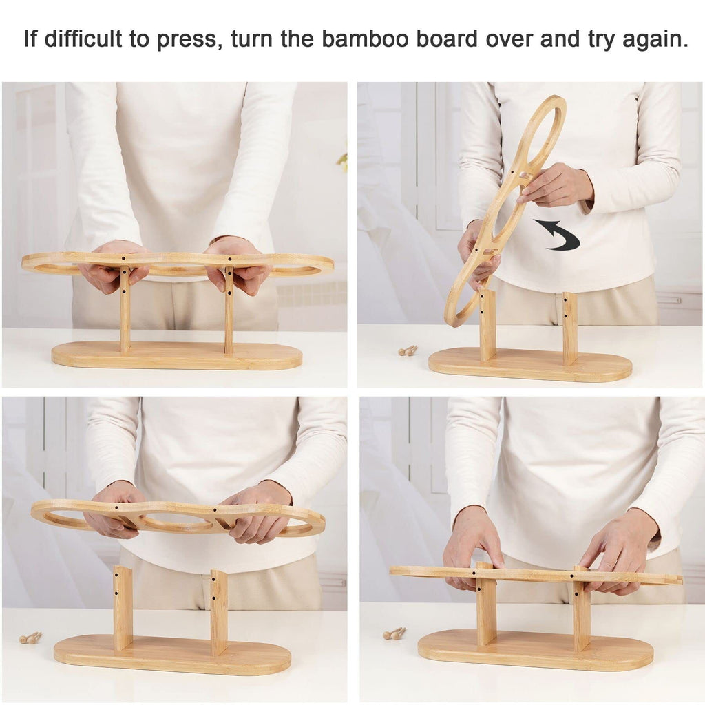 Four-panel instructional collage showing a person using a light natural bamboo board stand to flip over a difficult-to-hold bamboo board. The text at the top says, 'If difficult to press, turn the bamboo board over and try again