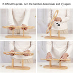 Four-panel instructional collage showing a person using a light natural bamboo board stand to flip over a difficult-to-hold bamboo board. The text at the top says, 'If difficult to press, turn the bamboo board over and try again