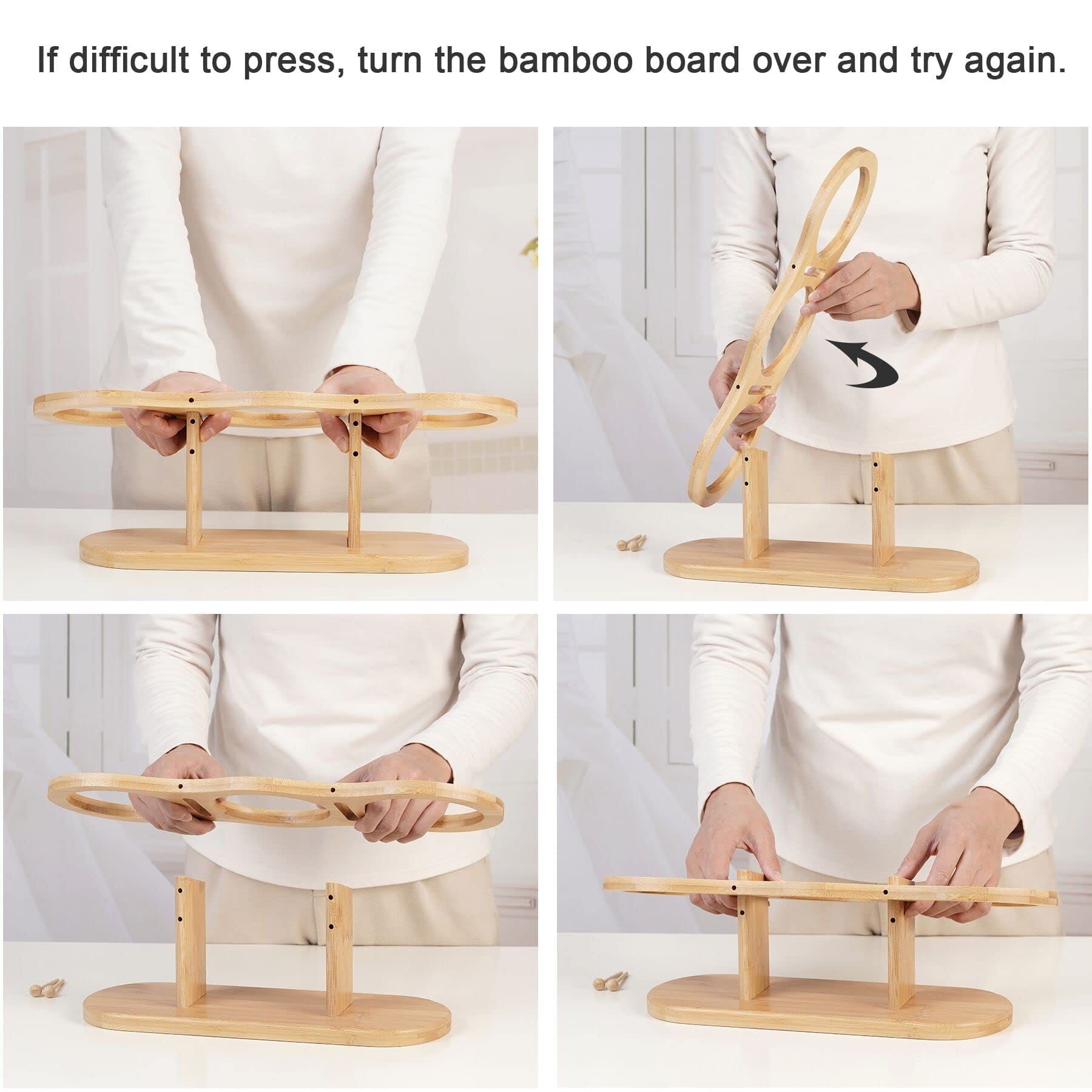 Four-panel instructional collage showing a person using a light natural bamboo board stand to flip over a difficult-to-hold bamboo board. The text at the top says, 'If difficult to press, turn the bamboo board over and try again