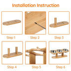 A six-panel installation instruction diagram showing a bamboo pet feeder stand being assembled on a white background, with orange text labels Step 1 through Step 6.