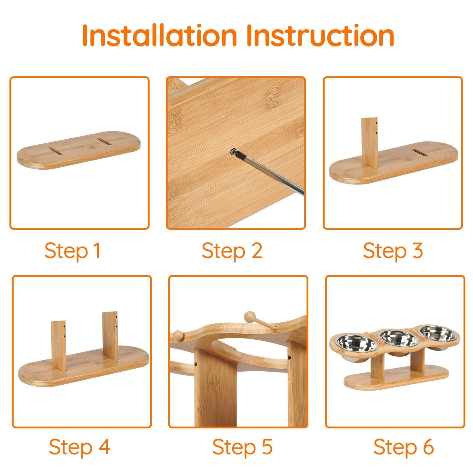 A six-panel installation instruction diagram showing a bamboo pet feeder stand being assembled on a white background, with orange text labels Step 1 through Step 6.