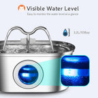 Pet water fountain with visible water level indicator on a white background