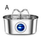 A stainless steel pet water fountain with a brushed metal finish, a double-hose spout, and a blue circular accent on the front, shown on a white background with the letter A in the upper left.