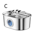 A stainless steel pet water fountain with a matching lid, featuring a blue water reservoir visible through a circular window on the side. The image includes a black letter 'C' in the top-left corner, indicating this is option C.