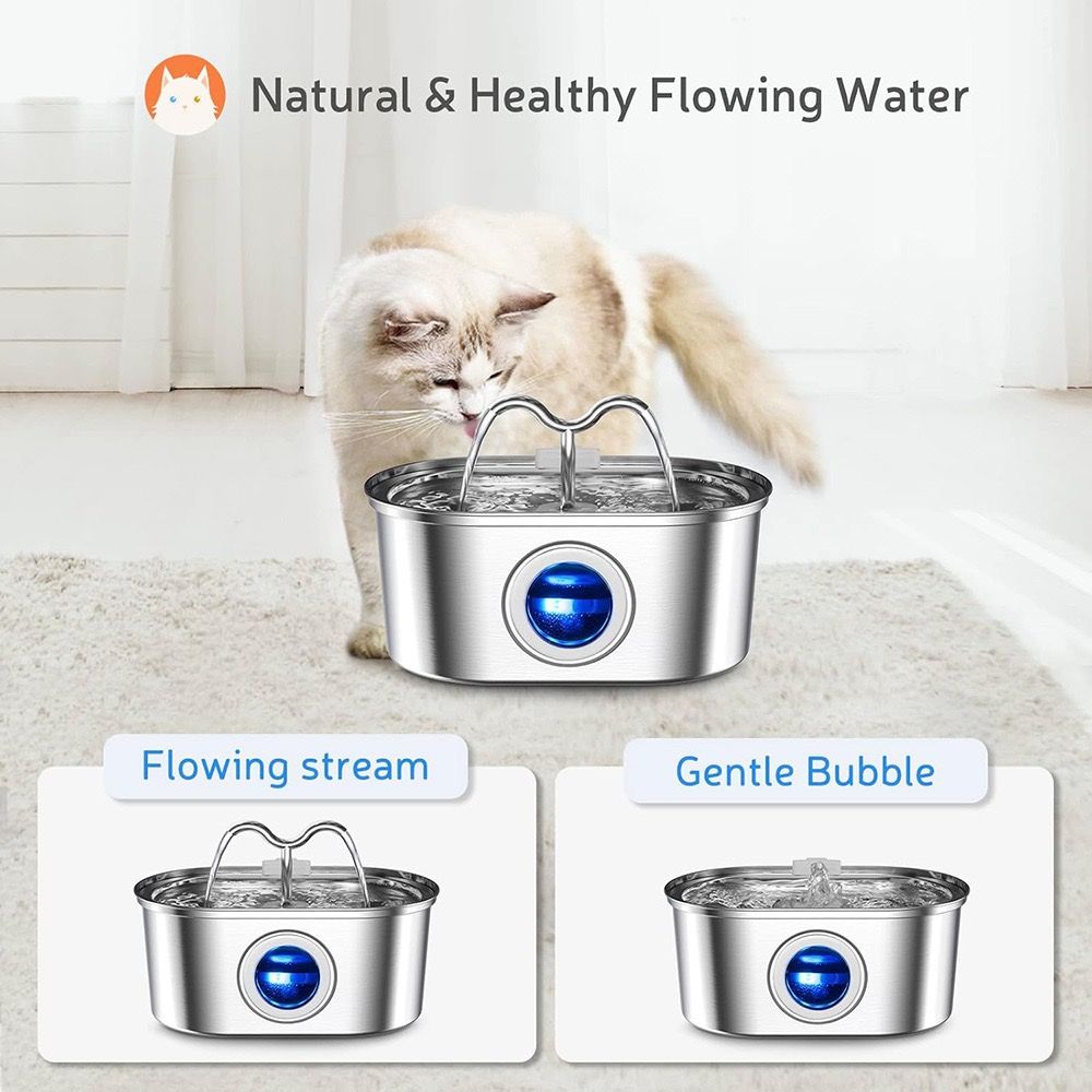 Cat drinking water from a stainless steel fountain with features highlighted on a white background.