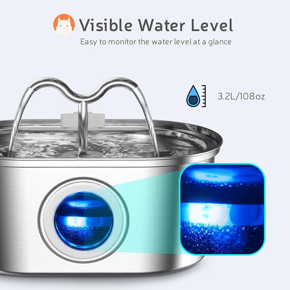 Pet water fountain with visible water level indicator on a white background