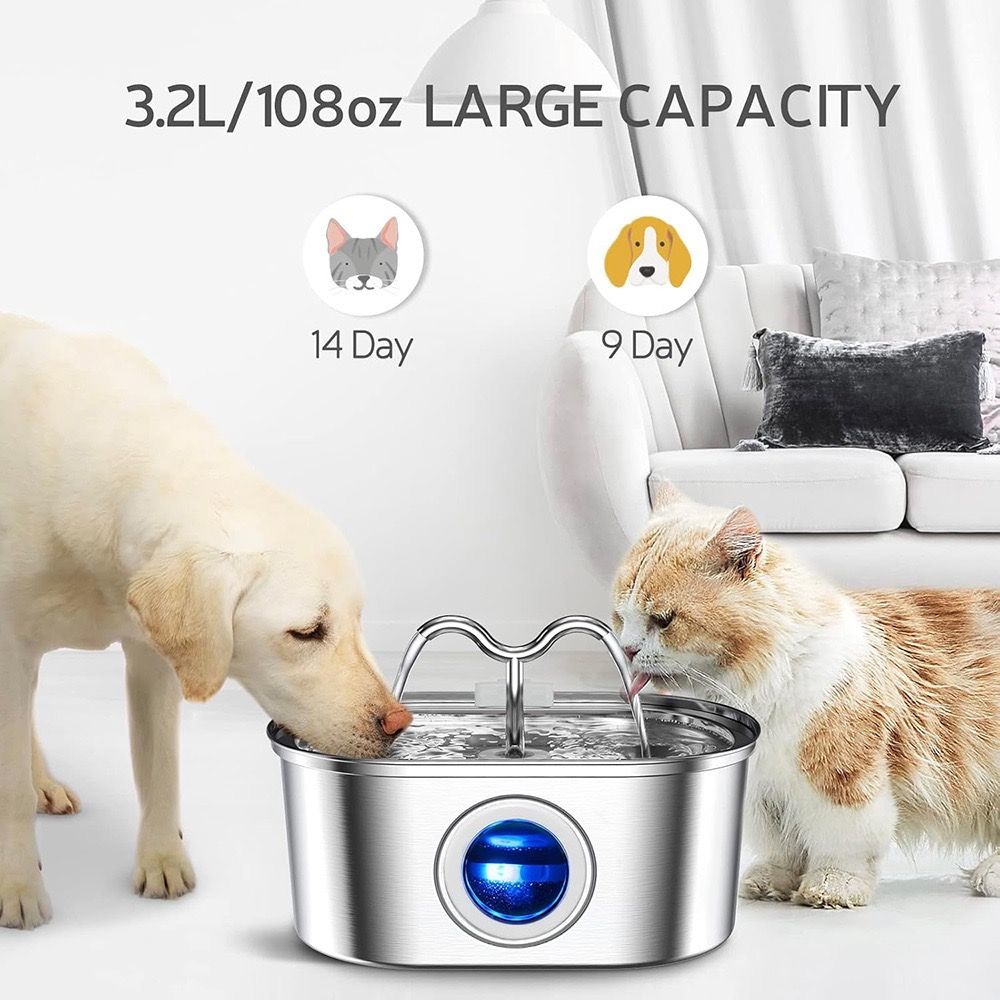 Pet water fountain with a dog and cat drinking, labeled '3.2L/108oz Large Capacity' on a white background.