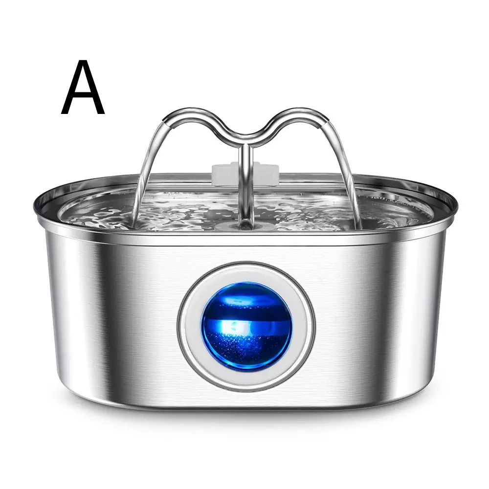 A stainless steel pet water fountain with a brushed metal finish, a double-hose spout, and a blue circular accent on the front, shown on a white background with the letter A in the upper left.