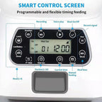 Digital control panel with various buttons and a display for programmable timing feeding, labeled 'Smart Control Screen'.