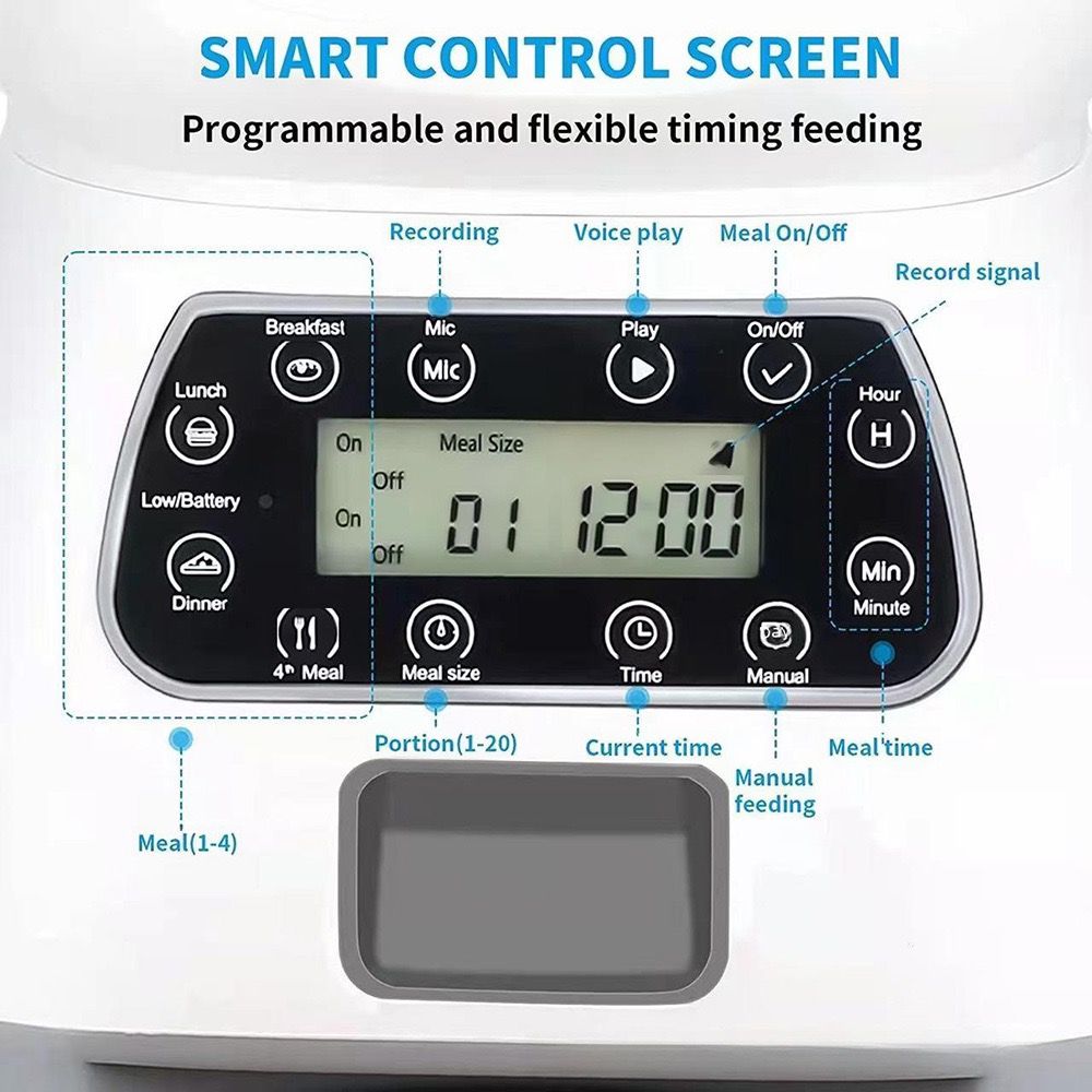 Digital control panel with various buttons and a display for programmable timing feeding, labeled 'Smart Control Screen'.