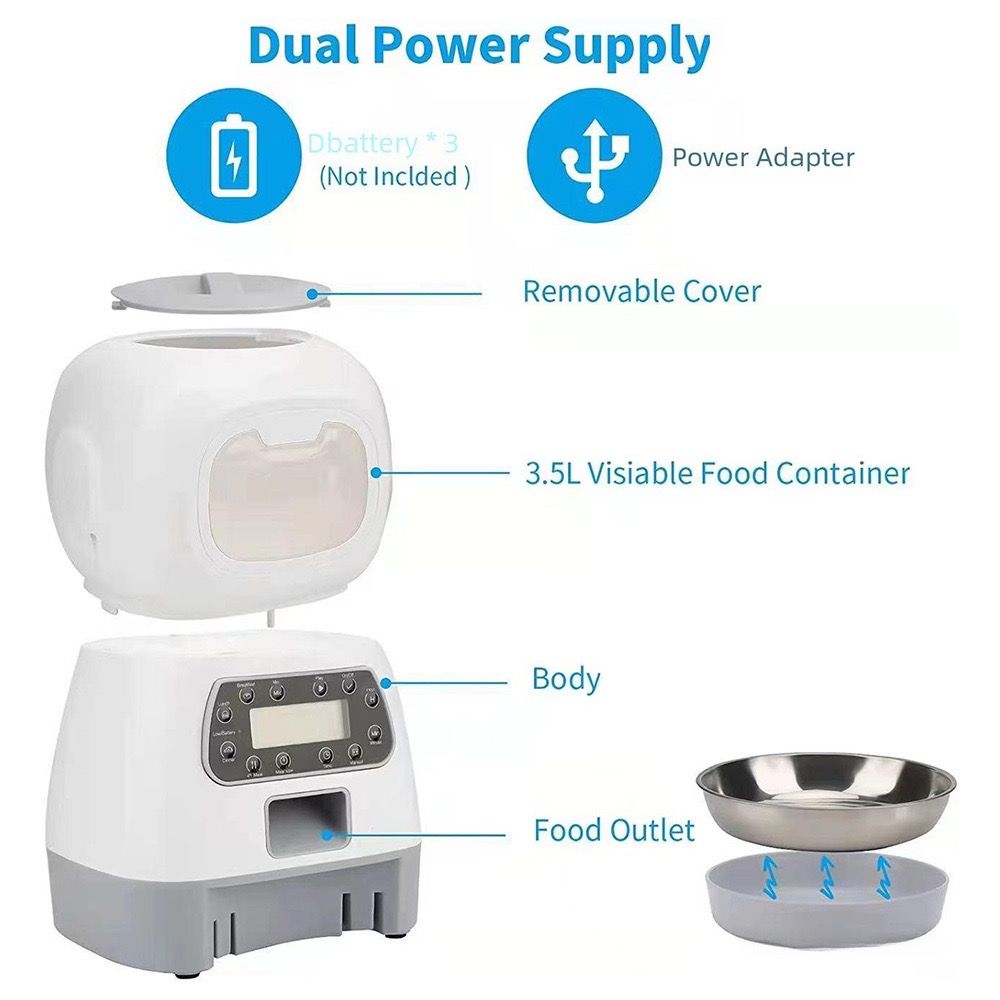 An exploded product diagram showing a white and gray automatic pet feeder with labeled parts including the removable cover, 3.5L visible food container, body, food outlet, and a stainless steel bowl.

Details