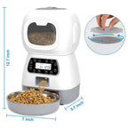 White pet food dispenser with digital display, measuring details, and a bowl of pet food.
