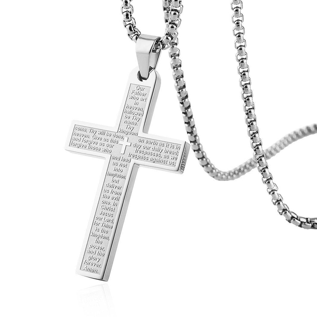 Beautiful silver cross with the Lords Prayer engraved on it.