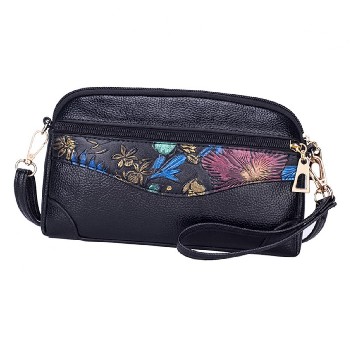 Black pebbled leather crossbody clutch bag with a colorful floral patterned front pocket and gold-tone hardware, shown on a plain white background.
