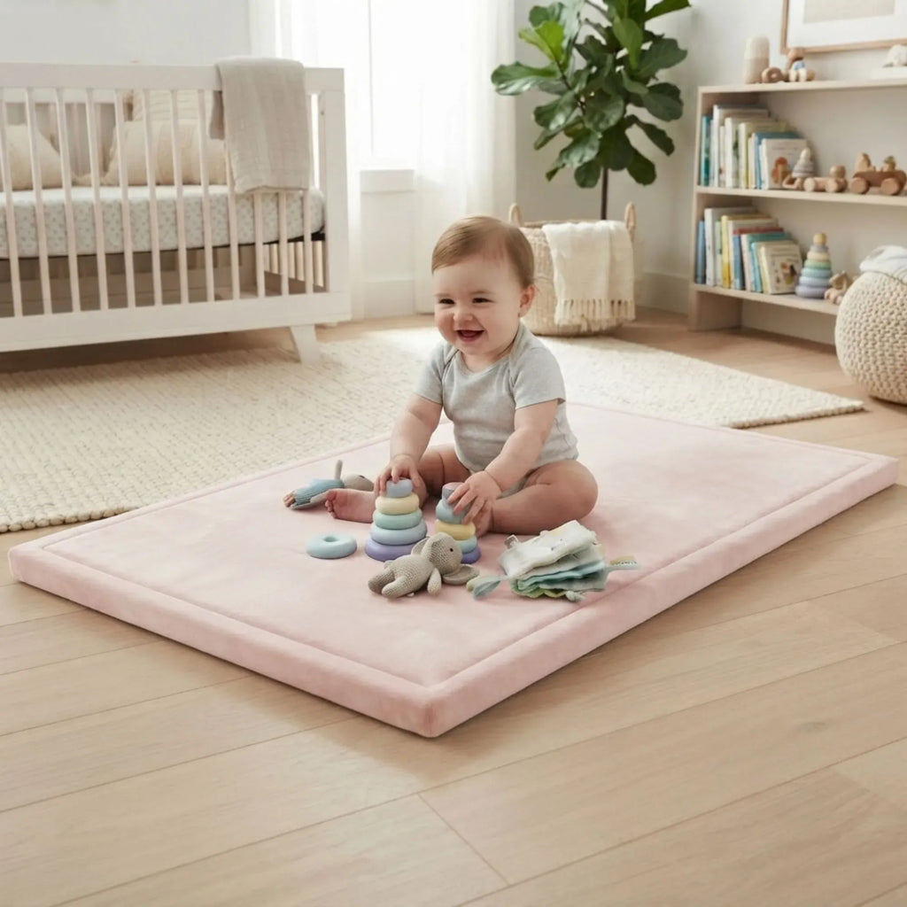 A baby sits on a large pink foam play mat in a bright, modern nursery. The mat is spread out on a light wood floor, surrounded by baby toys, with a crib, bookshelf, and plant visible in the background.