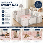 A baby playpen set shown in a styled nursery room scene, with marketing text and four smaller usage scenarios along the bottom. The main product appears to be a white and light gray playpen with pink interior matting and small decorative accents.

Details