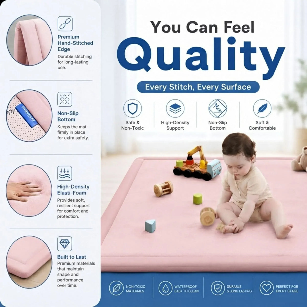 A pink baby play mat shown in a promotional infographic with feature callouts on the left and a baby sitting on the mat on the right. The text highlights qualities such as premium hand-stitched edges, non-slip bottom, high-density elastic foam, and built-to-last durability