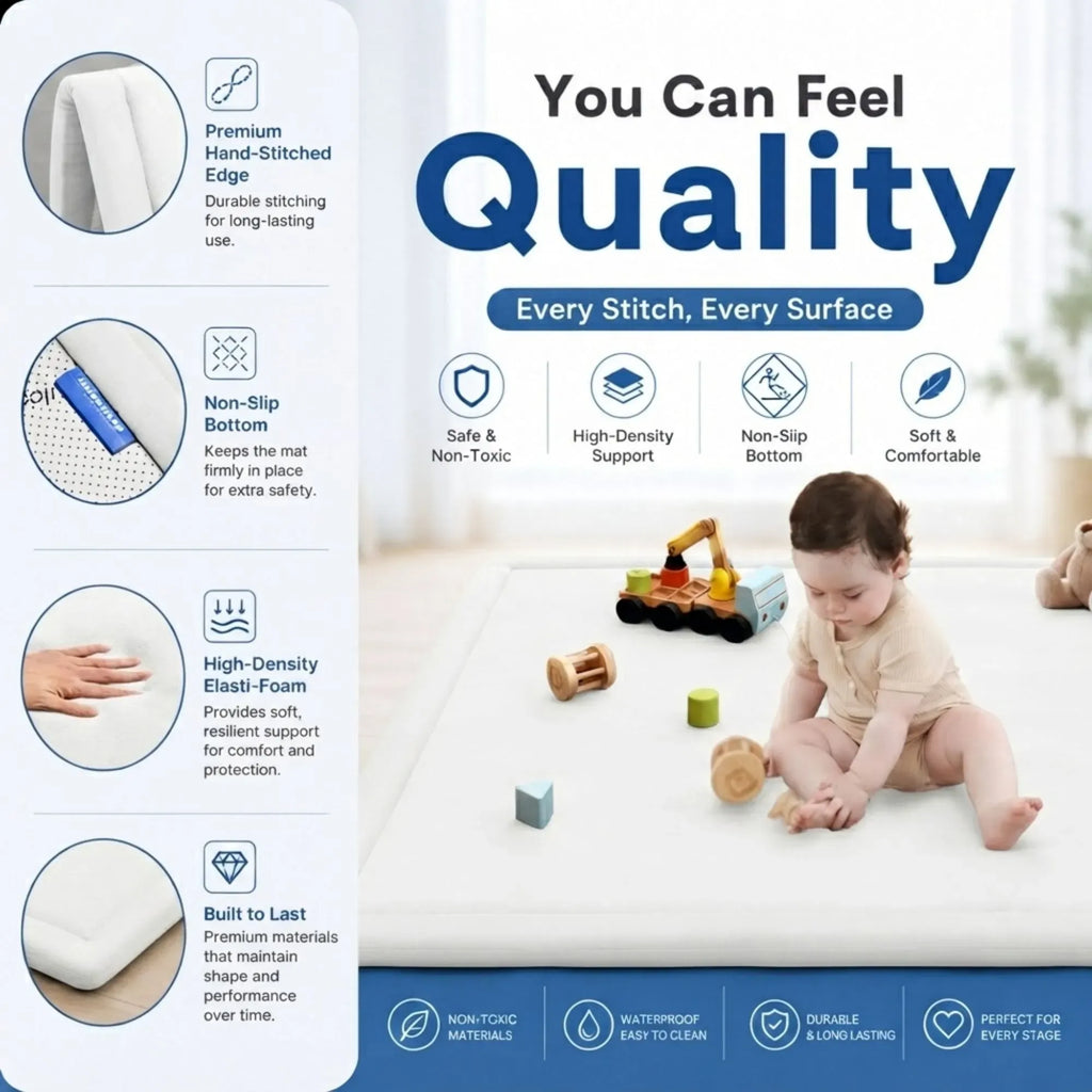 Promotional graphic for a baby mattress topper or mattress pad, showing a baby sitting on a white mattress in a nursery setting. The left side features four circular insets detailing product features: premium hand-stitched edge, non-slip bottom, high-density elastic foam, and durability
