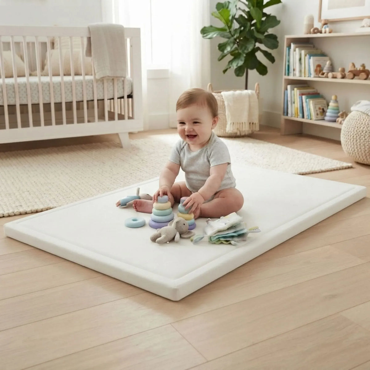 A baby sits on a large white foam play mat in a bright, modern nursery. The baby is wearing a light gray onesie and is surrounded by colorful stacking toys and a plush toy.