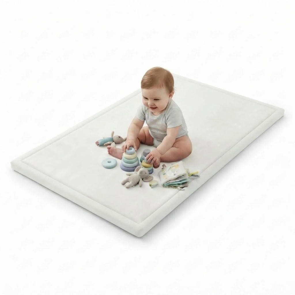 A baby sits on a large white play mat on a white floor, playing with colorful stacking rings, a small plush toy, and a soft book.