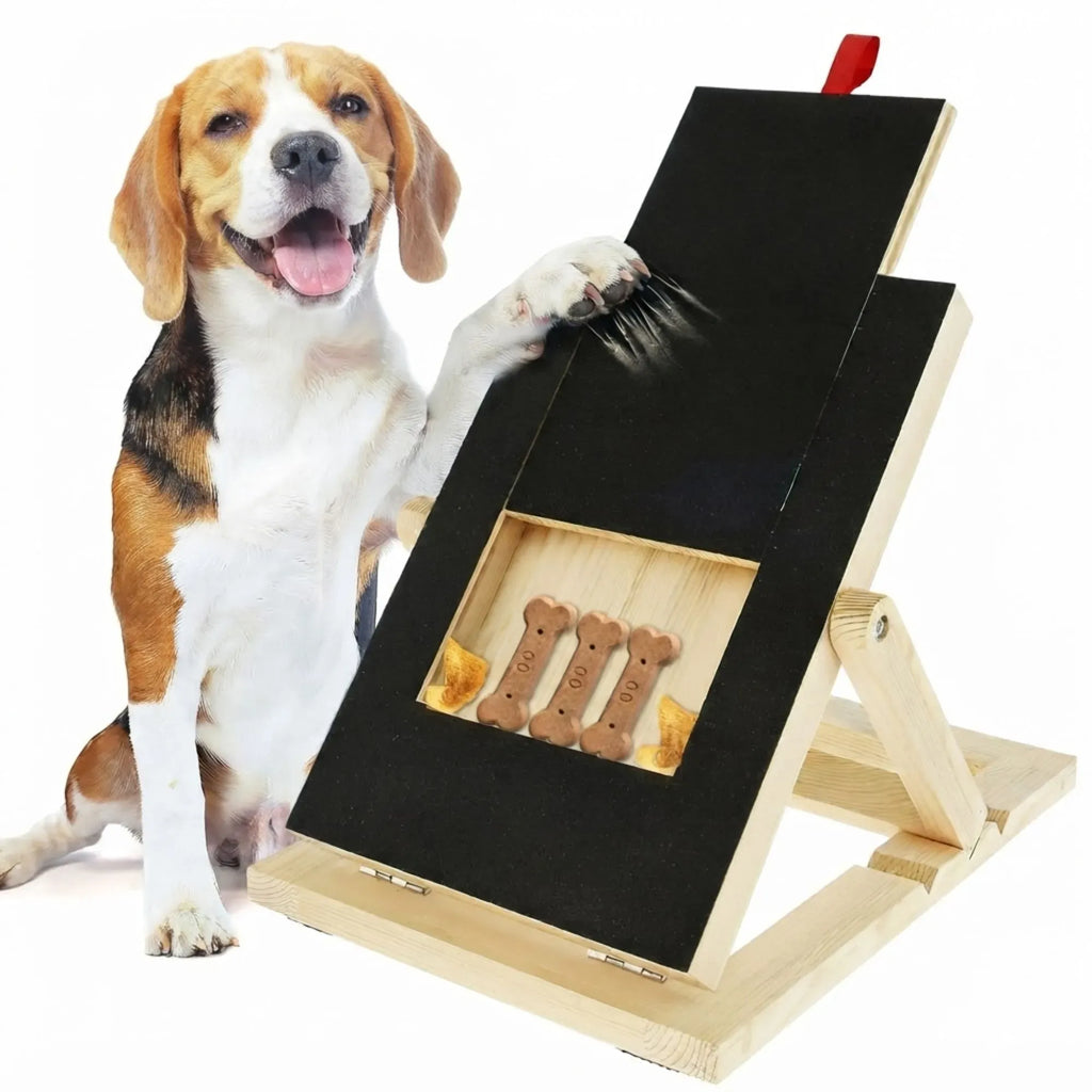 A beagle dog sits beside a wooden pet toy stand with a black board and a small tray holding bone-shaped treats, on a white background.
