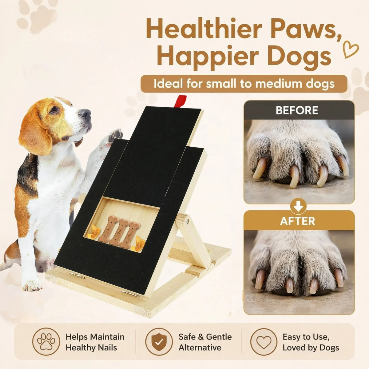A dog paw lift stand shown with a beagle dog on a beige promotional background. The stand has a black back and a light wood base with a small window showing treats.