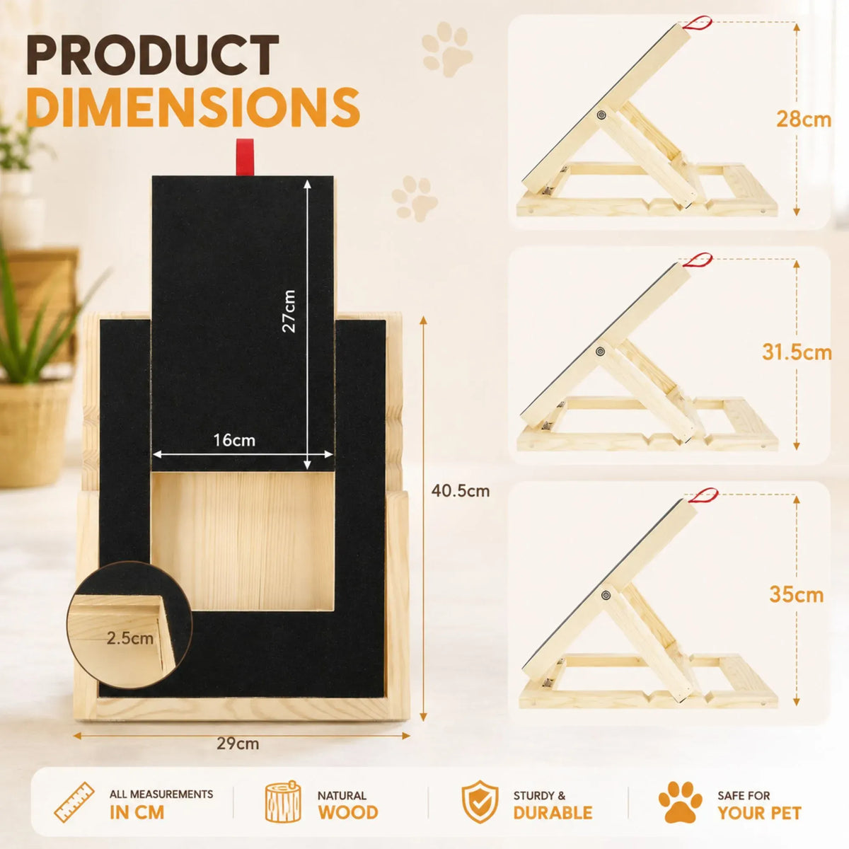 Product dimensions diagram for a wooden pet ramp with a black textured panel. The main image shows the assembled ramp with labeled measurements (29cm wide, 40.