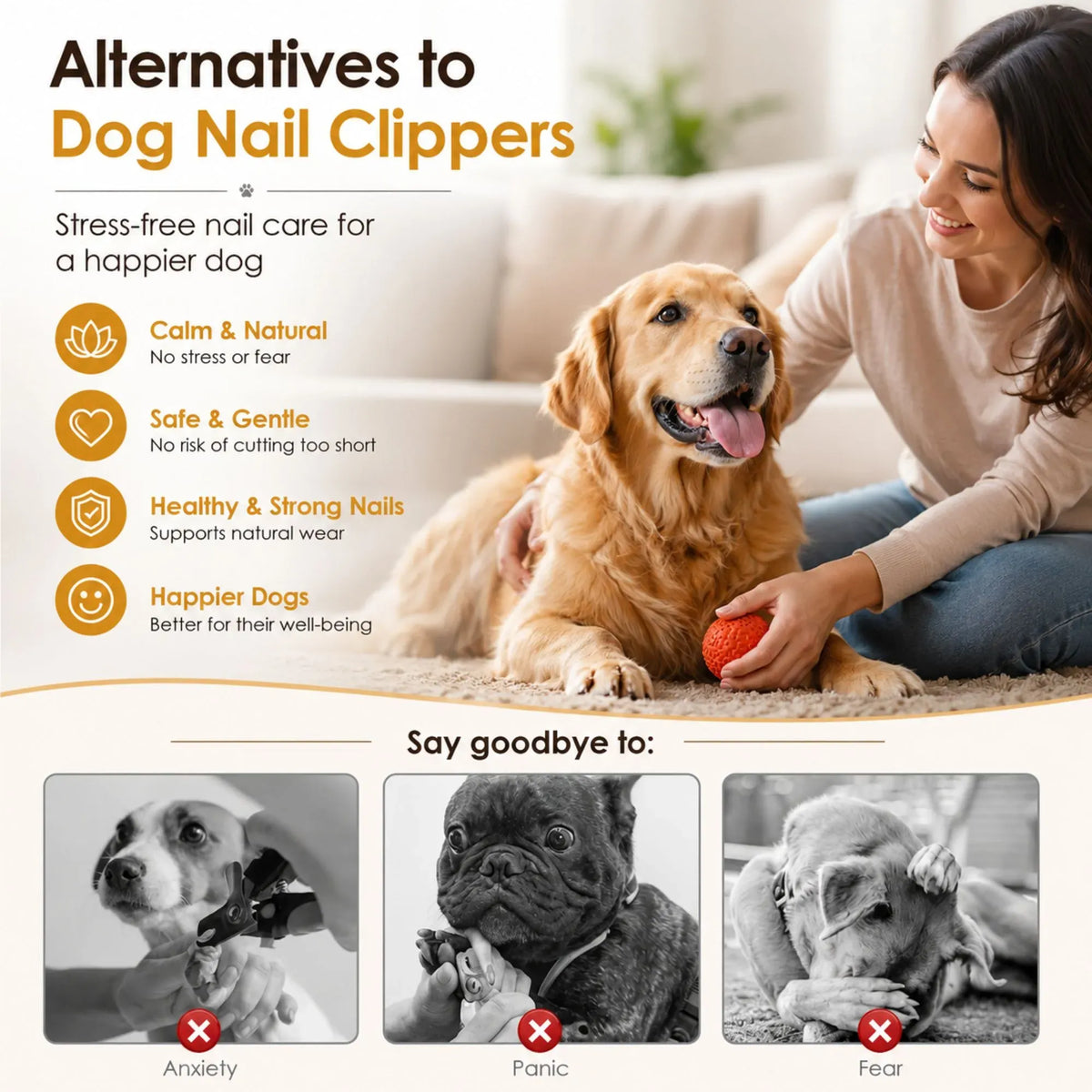 Promotional graphic for dog nail clippers with a woman sitting on a couch next to a golden retriever dog, alongside text benefits and three black-and-white before-and-after style panels showing dogs relieved of nail clippers.